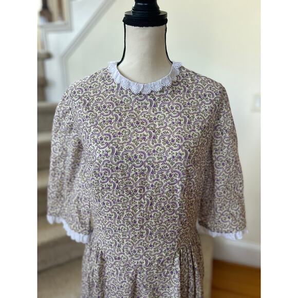 Vintage Purple Ditzy Floral Lace Scallop Collar Tiered Drop Waist Maxi Dress - Picture 4 of 9